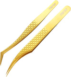 FEITA Diamond Grip Eyelash Extensions Tweezer Lash Precision Tweezers, Japanese Steel Dolphin-Shaped & Angled Tip, False Lashes Application Tools, Gold 2Pcs