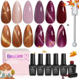 Beetles Cat Eye Gel Nail Polish Set 6 Colors, Glitter Nude Shiny Champagne Burgundy Gold Magnetic Effect Sparkle Stunning Fall Nail Gel Polish Halloween Gifts for Women Girls, 2023 Limited Colors