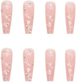 24Pcs Press on Nails Heart Long Coffin Fake Nails Glitter False Nails Glossy Ballerina Clip on Nails Full Cover Fake Nails for Women and Girls