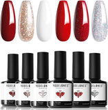 Modelones Red Gel Nail Polish Set 6 Colors, Christmas White Glitter Candy Cane Winter Nail Gel Kit Sparkle Burgundy Dark Rose Champagne Silver Soak off Nail Art Manicure DIY Thanksgiving Gifts for Women