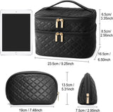 Makeup Bag, MAANGE 2 PCS Cosmetic Bag Leather Cosmetic Travel Bag Roomy Double Layer Makeup Bags for Women Makeup Pouch Portable Zipper Bags Gifts (Black)