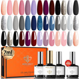 Modelones 24 Pcs Gel Polish Nail Kit, 20 Colors 7Ml Popular Nude Pink Neutral Blue Glitter Nail Polish Set with Prep Bond Primer Glossy & Matte Top Coat Base Coat Nail Art LED Manicure DIY Salon Gifts