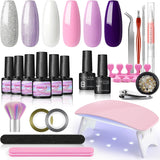 COSCELIA Gel Nail Starter Kit with U V Nail Light 6 Colors Gel Nail Polish Purple Pink Color with Base Coat Glossy Coat Gel Nail Rhinestone Decoration Manicure Tools for Nail Salon DIY at Home