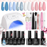 Beetles Gel Nail Polish Kit with 48W U V Nail Lamp Starter Kit 6 Pcs Blue White Nude Pink Glitter Gel Polish Set Base Gel Top Coat DIY Pink Decorations Manicure S for Women