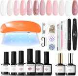 Modelones 20PCS Gel Nail Polish Kit with U V Light-6 Colors Pink Glitter White Natural Skin Tone Soak off Gel Polish Set, Portable Mini LED Lamp, Base Top Coat, Cost-Effective Manicure Kit for Starter, DIY Salon Gift