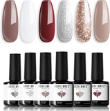 Modelonesgel Nail Polish Set 6 Colors, Nude Pure White Glitter Brown Burgundy Red Champagne Gold Silver Tan Spring Nail Art Design Kit Basic Soak off Manicure DIY Salon at Home Holiday Women Gifts