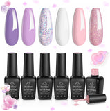 Beetles 6 Colors Gel Nail Polish Kit, Romantic Garden Pink Purple Glitter Gel Polish Milky White Soak off Nail Lamp Cured Nail Art