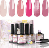 Gel Nail Polish, Kredioo 6 Colors Nude Pink and Glitter Polish Kit, 28 Day Long Lasting Healthy Manicure for Beginner and Salon-Pink Collection(7.5Ml Each)