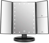 Deweisn Tri-Fold Lighted Vanity Makeup Mirror with 21 LED Lights, Touch Screen and 3X/2X/1X Magnification Mirror, Two Power Supply Mode Tabletop Makeup Mirror,Travel Cosmetic Mirror