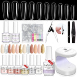 Saviland Nail Tips and Glue Gel Kit - 4-In-1 Nail Glue Gel 240PCS Long Coffin Nail Tips Base & Top Coat Pink Glitter Gel Nail Polish with U V Light Nail Art Tools Starter Acrylic Nail Extension Kit