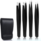 4 Pack Eyebrow Tweezers, Stainless Steel Slant Tweezer Set and Pointed Hair Removal Tweezers, Precision Tweezers for Ingrown Hair, Eyebrows Plucking, Daily Beauty Tool (Black)