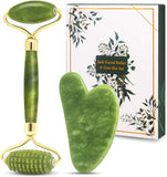 Gua Sha & Jade Roller Gift Set, Natural Green Face Roller and Gua Sha Stone Set, Face Massager Jade Stone Facial Roller for Eye Puffiness, Skin Tightening, Rejuvenation of the Face and Neck (Dark Green)