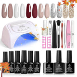 Beetles 6 Pcs Burgundy Red Gel Nail Polish Starter Kit with 48W U V LED Light Base Gel Matte Top Coat Gel Nail Kit, Soak off Nude Grays Gel Polish Decorations Nail S for Women