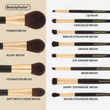 BEAUTYFACTOR Professional Rose Gold Makeup Brushes with Black Travel Bag - 10Pcs Synthetic Foundation Powder Lip Concealer Eyeshadow Blush Tools Set