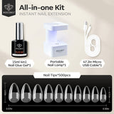 Modelones Nail Tips and Glue Gel Kit, Upgraded Gel X Nail Kit, 4 in 1 Nail Glue Gel with 500Pcs Half Matte Almond Nails & Portable U V LED Nail Lamp, Fast Nail Extension Valentines for Women Gift