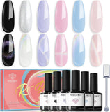 Modelones Holographic Gel Nail Polish Set 6 Colors, Iridescent Pastel Rainbow 9D Cat Eye Magnetic Glitter Nail Art Manicure Kit Light Soft Nude Pink Blue Purple Black Shimmery Effect with Magnet Gifts