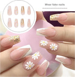 24PCS False Nails French Daisy Flower Press on Nails Glitter Stick on Nails Full Cover Artificial Nails Tips Fake Nails Art Manicure Decoration