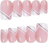 French Short Press on Nails,Pink Hypotenuse Full Cover Artificial Square False Nails for Women Girls Gift on Party(24Pcs)