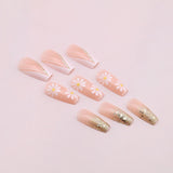 24PCS False Nails French Daisy Flower Press on Nails Glitter Stick on Nails Full Cover Artificial Nails Tips Fake Nails Art Manicure Decoration