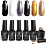 Beetles Gel Nail Polish Set - 6 Colors Black Golden White Silver Rose Glitter Gel Polish Kit Soak off Nail Gel Kit Nail Art Gifts for Women