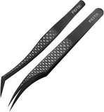 FEITA Diamond Grip Eyelash Extensions Tweezer Lash Precision Tweezers, Japanese Steel Dolphin-Shaped & Angled Tip, False Lashes Application Tools, Black 2Pcs