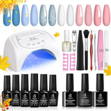 Beetles Gel Nail Polish Kit with 48W U V Nail Lamp Starter Kit 6 Pcs Blue White Nude Pink Glitter Gel Polish Set Base Gel Top Coat DIY Pink Decorations Manicure S for Women