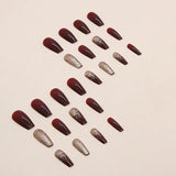 24Pcs Red Press on Nails Medium Coffin Gold Powder Sparkly Designs Fake Nails Reusable Full Cover Stick on Nails Set Square and Acrylic Glue on Nails for Women Artificial Nails Decoration Accessories