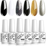 Vishine Gel Nail Polish Set, 2020 Fall-Winter Collection Black White Shade Glod Shimmer Silver Nail Gel Polish Nail Art LED Soak off Gel Color Set, 0.27Oz Each Bottle