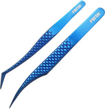 FEITA Diamond Grip Eyelash Extensions Tweezer Lash Precision Tweezers, Japanese Steel Dolphin-Shaped & Angled Tip, False Lashes Application Tools, Blue 2Pcs