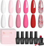 Beetles Gel Nail Polish Set -6 Colors Pink Rose Red Gel Polish Spring Summer Nail Gel Kit Fall in Love Collection Glitter Pink Gel Soak off LED Nail Lamp Manicure Kit