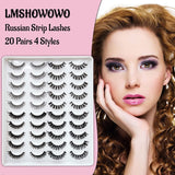 LMSHOWOWO False Eyelashes, 20 Pairs 4 Styles Russian Strip Lashes D Curly Natural Wispy Fluffy Faux Mink Lashes, with Eyelashes Clip, Natural Eye Lashes Perfect for Parties, Weddings, Birthday Gifts