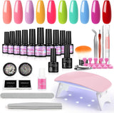 Gel Nail Starter Kit 10 Colors Gel Nail Polish Soak off Rainbow Color Pink Red Green Blue Base Coat Glossy Top Coat Gel 6W LED U V Nail Lamp with Nail Decoration Basic Manicure Tools for Nail Design