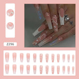 24Pcs Press on Nails Heart Long Coffin Fake Nails Glitter False Nails Glossy Ballerina Clip on Nails Full Cover Fake Nails for Women and Girls