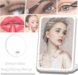 LED Foldable Travel Makeup Mirror 360° Rotation Touch Screen Vanity Mirror with 3-Color Dimmable Lighting plus 10X Magnifying Mirror USB Rechargeable Cosmetic Mirror for Beauty