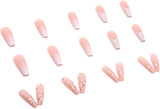 24Pcs Press on Nails Heart Long Coffin Fake Nails Glitter False Nails Glossy Ballerina Clip on Nails Full Cover Fake Nails for Women and Girls