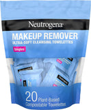 Neutrogena Makeup Remover Facial Cleansing Towelette Singles, Daily Face Wipes Remove Dirt, Oil, Makeup & Waterproof Mascara, Gentle, Individually Wrapped, 100% Plant-Based Fibers, 20 Ct