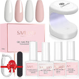 Saviland Gel Nail Polish Kit with U V Light - 2PCS 10ML Milky White & Light Pink Gel Nail Polish with Mini Nail Lamp, Gel Foundation Top Gel, Nail Tools Starter Manicure Kit for Nail Salon Home DIY