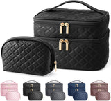 Makeup Bag, MAANGE 2 PCS Cosmetic Bag Leather Cosmetic Travel Bag Roomy Double Layer Makeup Bags for Women Makeup Pouch Portable Zipper Bags Gifts (Black)