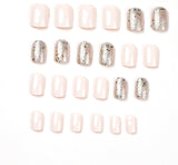 Square Fake Nails Medium White and Silver Glossy Crystal Press on Nails Glitter Sequins Full Cover Artificial False Nail for Women and Girls