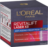 L'Oréal Paris Night Cream, Anti-Ageing and Anti-Wrinkle, with Pro-Xylane and Hyaluronic Acid, Revitalift Laser X3, 50Ml