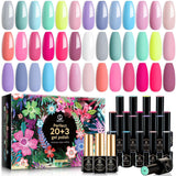 MEFA Gel Nail Polish Set 23 Pcs Summer 20 Colors, Hot Pink Bright Sage Green Blue Cotton Candy Colors Pastel Glitter Nail Gel Kit with Glossy & Matte Top Base Coat Starters Nails Art Manicure Home Gifts for Women Girls