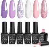 Beetles 6 Colors Gel Nail Polish Kit, Romantic Garden Pink Purple Glitter Gel Polish Milky White Soak off Nail Lamp Cured Nail Art