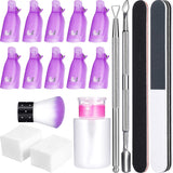 Gel Nail Polish Remover Kit, 600 Pieces Wipe Cotton Pads, 10 Pieces Nail Clips Caps, 3 Pieces Nail File, Triangle Cuticle Pusher and Cutter Set, Nail Brush, Push down Pump Dispenser Bottle (Purple)