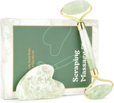 Gua Sha & Jade Roller Gift Set, Natural Green Face Roller and Gua Sha Stone Set, Face Massager Jade Stone Facial Roller for Eye Puffiness, Skin Tightening, Rejuvenation of the Face and Neck (Green Large Small Head)