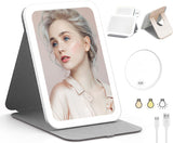 LED Foldable Travel Makeup Mirror 360° Rotation Touch Screen Vanity Mirror with 3-Color Dimmable Lighting plus 10X Magnifying Mirror USB Rechargeable Cosmetic Mirror for Beauty