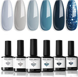 Modelones 6 Pcs Blue Gel Nail Polish Set,6 Colors Glitter Gel Polish,Glossy Matte Grey Nail Gel Polish Soak Off,2022 Popular Gel Mother'S Day Nail Art DIY Manicure Salon Holiday Gifts for Women,7Ml