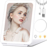 LED Foldable Travel Makeup Mirror 360° Rotation Touch Screen Vanity Mirror with 3-Color Dimmable Lighting plus 10X Magnifying Mirror USB Rechargeable Cosmetic Mirror for Beauty