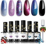 Modelones Glitter Gel Nail Polish Set 6 Colors, Winter Color Changing Blue Cat Eye Magnetic Chameleon Sparkle Black Temperature Chrome Manicure Design Multifunction Kit Holographic Thanksgiving Christmas Gifts